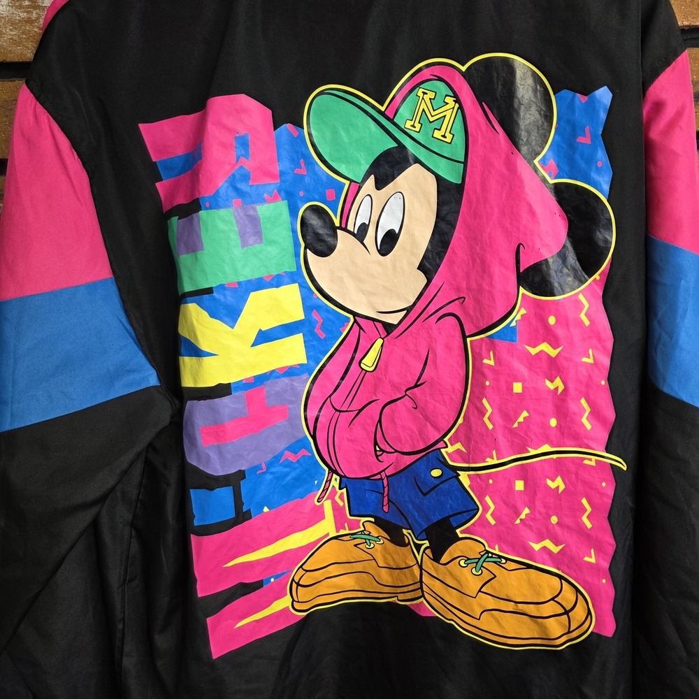 Vintage Disney Mickey Mouse Windbreaker Jacket Large Black Pink‎ Blue 90s Y2K
